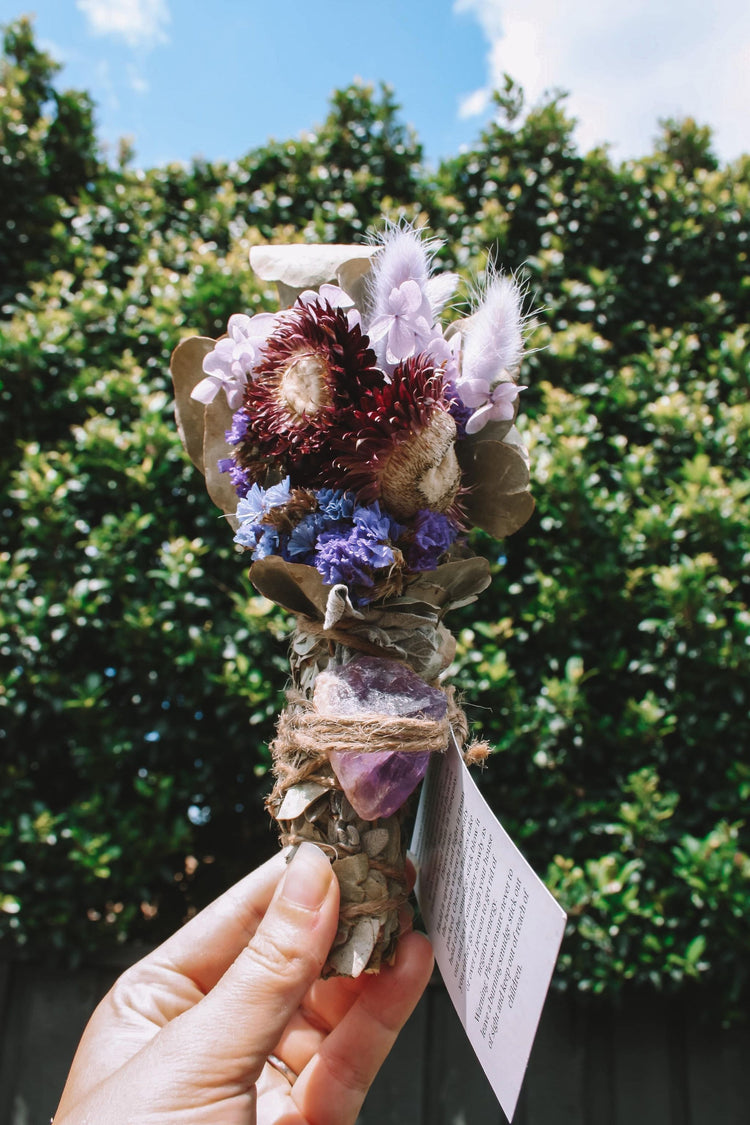 SMUDGE STICK - HEALING Floral Amethyst Crystal Eucalyptus and Sage